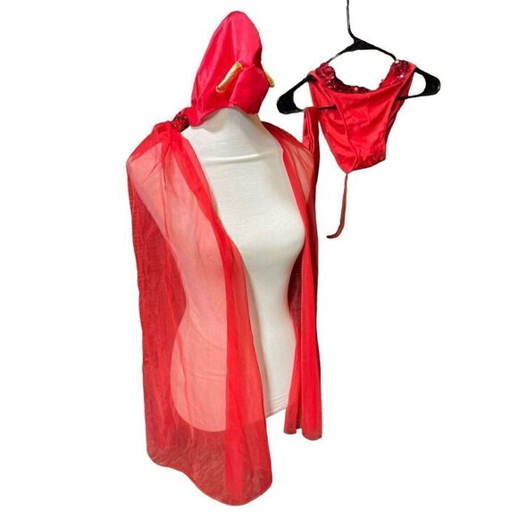 She Devil Sheer Cape with Sequined choker neck and hood with Gold Horns& Red pai - Picture 6 of 14